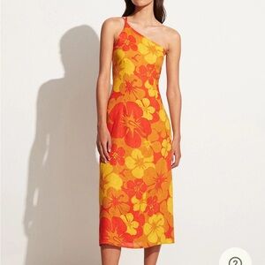 Faithfull the Brand One-Shoulder Orange & Yellow Floral Midi Dress
